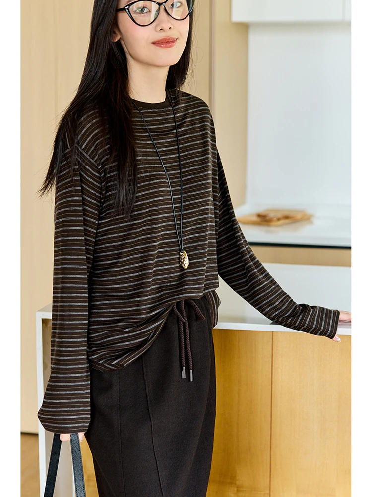 

Faionable Color Blo Ultra Fine Merino Wool Knitted Stripe Loose Long Sve T irt Comfortable round Ne Women's Top