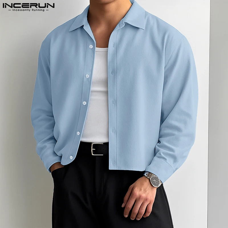 INCERUN Men Shirt Solid Color Lapel Long Sleeve Button Loose Crop Tops Men Streetwear 2025 Fashion Casual Men Clothing S-5XL