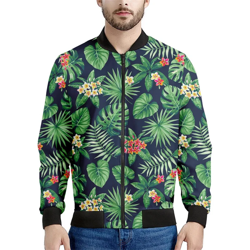 

New Hawaiian Flower Zipper Jacket Men 3d Printed Tropic Plants Pattern Bomber Sweatshirts Tops Long Sleeves Oversized Coats