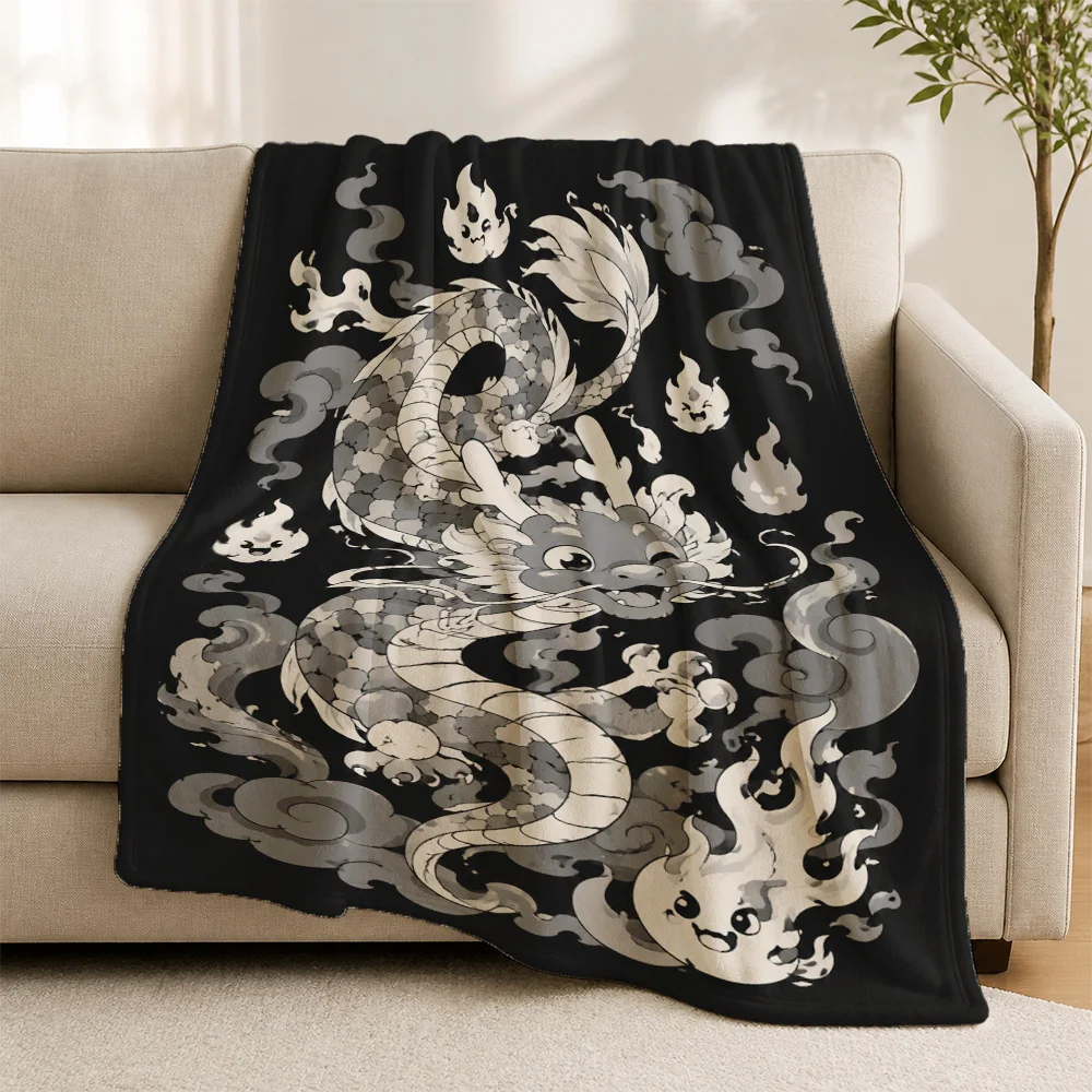 Luxurious Dragon Print Throw Blanket for Sofa Home Decor Asian Mythical Cloud Pattern Cozy Winter Throw Oriental Couch Cover