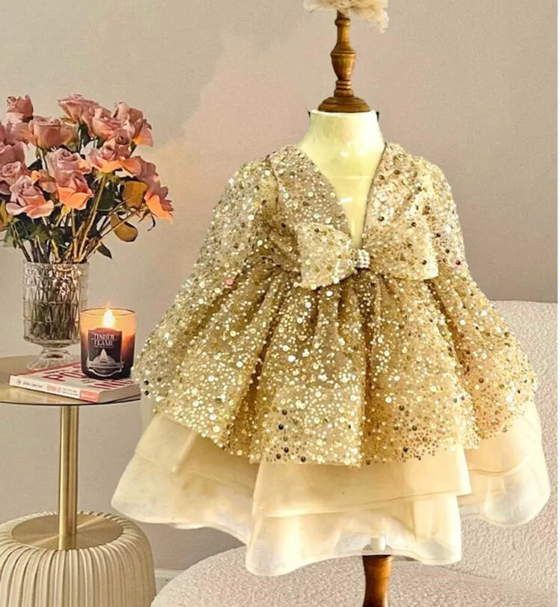 

Gold Baby Girl Dress Sequined Tiered Birthday Party Gown Girls Christmas Dress Prom Pageant Dress