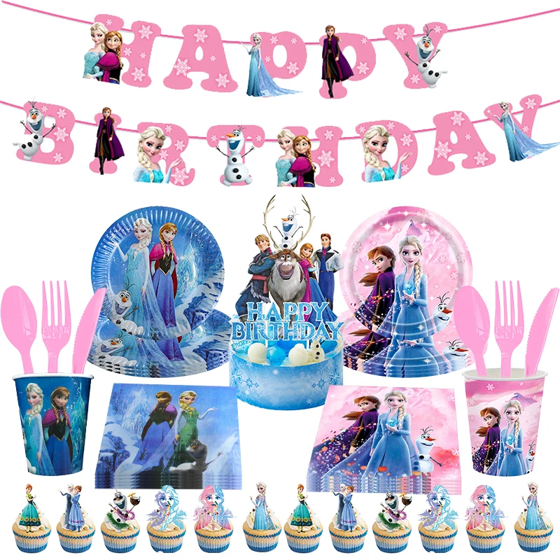 Elsa Frozen Dekoracja urodzinowa Frozen Motyw Child Party Decor Supplies Zestaw zastawy stołowej Talerze Kubek Obrus Tło Torebka na cukierki