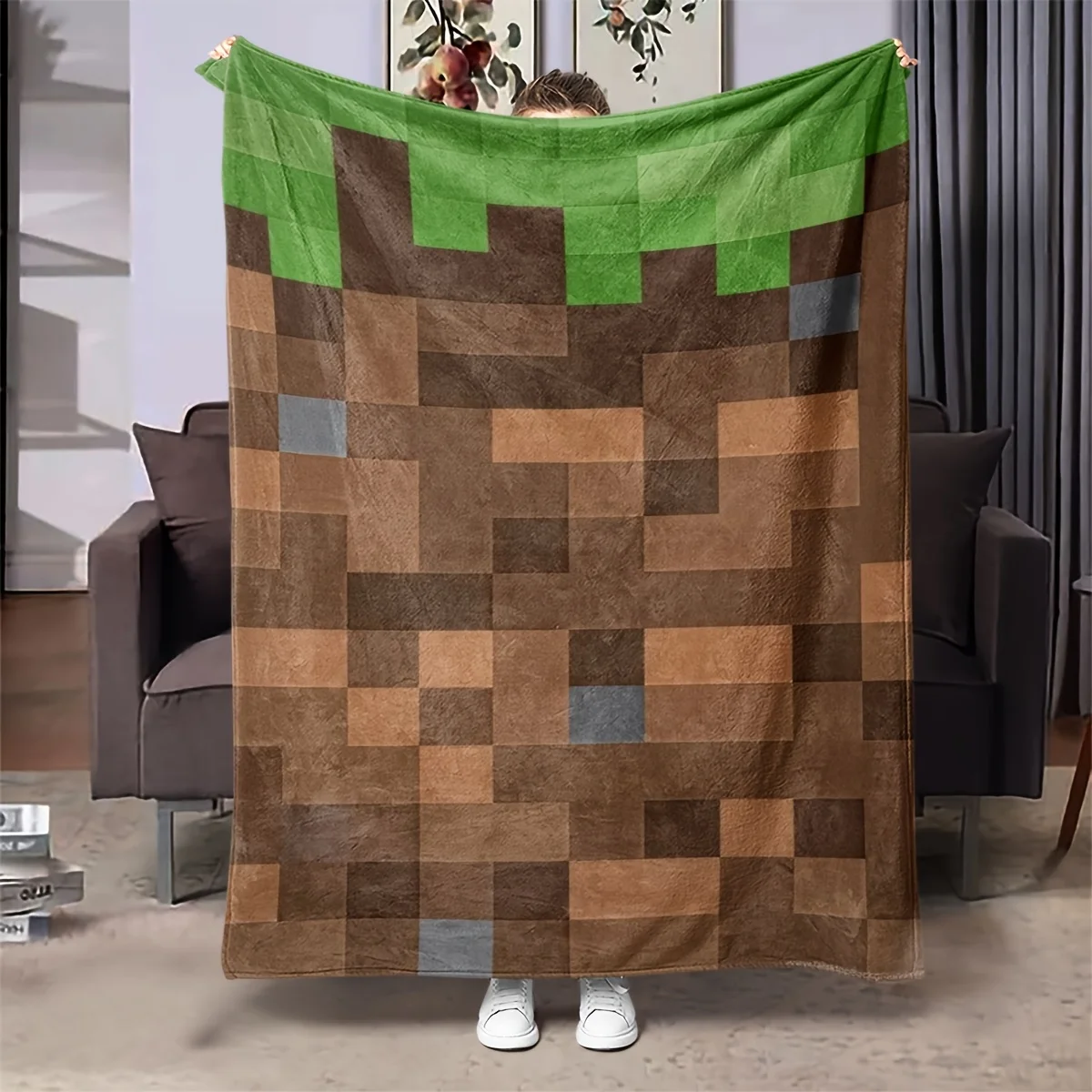 Retro Pixel Soil Grass Block Square Pattern Flannel Throw Blanket, Cozy Soft Warm Blanket Bed Couch Travel Birthday Holiday Gift