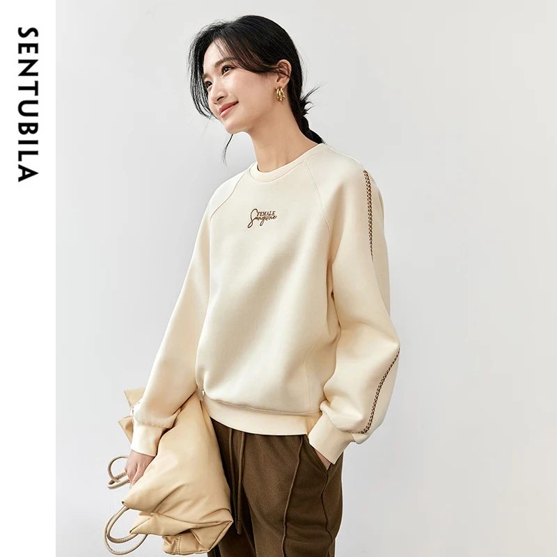 SENTUBILA Women Comfortable Casual Sweatshirt 2024 Autumn Letter Embroidery Long Sleeve Tops Female Loose Pullovers 143A56617