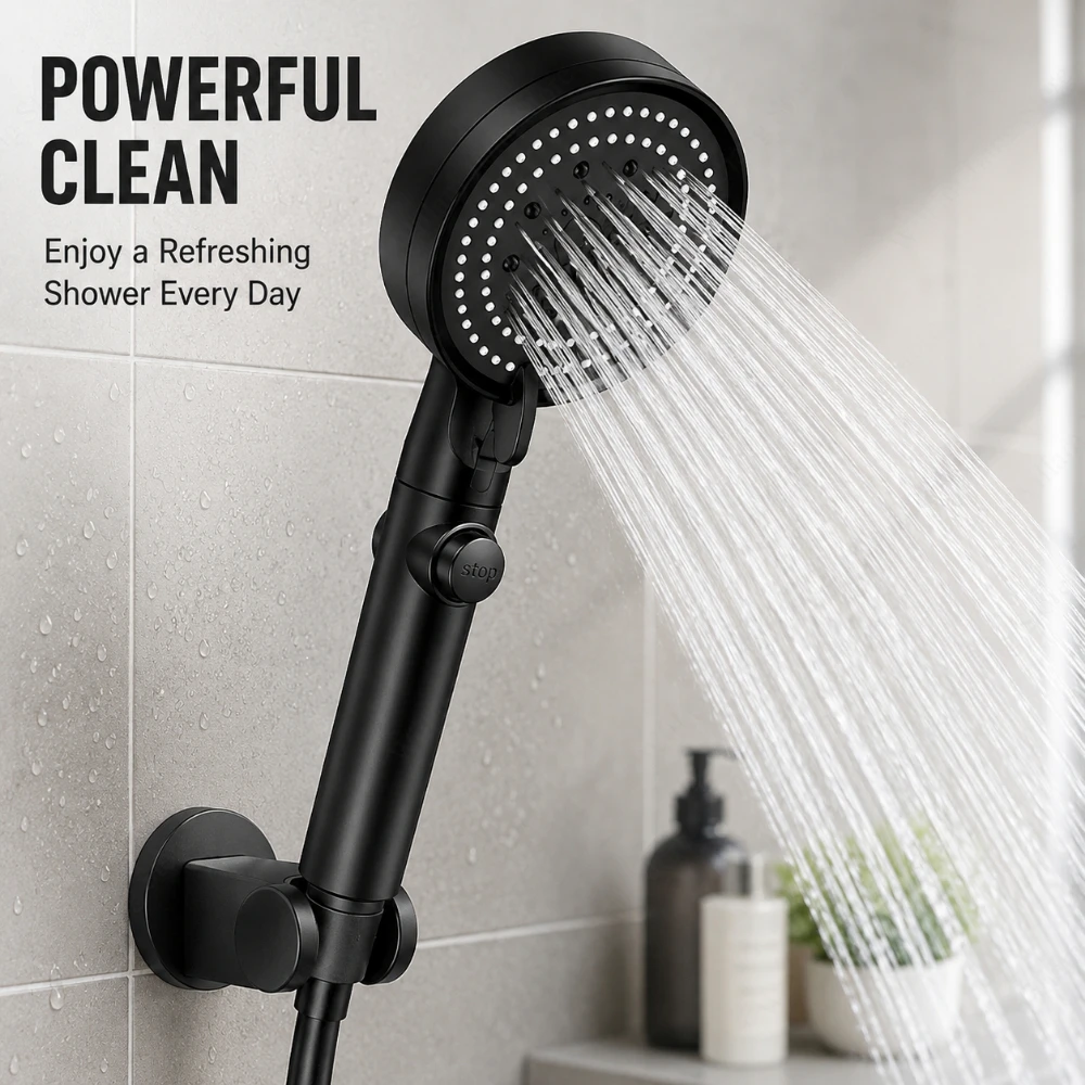 

High Pressure Handheld Shower Heads 5 Spray Modes Water Saving Anti Clog Nozzles Hangable Layout Simple Installation Tool