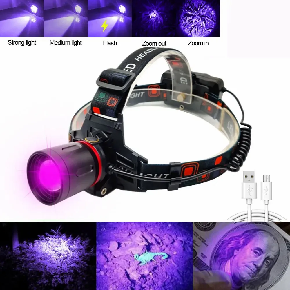 C2 Green/Red/UV Led Head Light Headlamp Zoomable Head Lamp Torch 4 Modes Headlight USB Charging Fishing Hunting Camp Flashlight