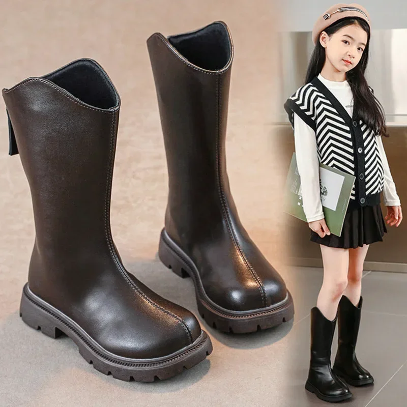 

Girls Long Boots with British Style Toddler Kids Princess Leather Boots Solid Color Versatile 2024 Children High Boots Mid-calf