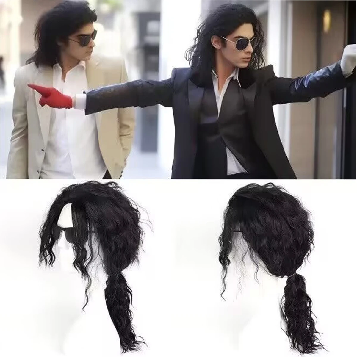 

Michael Jackson Synthetic Cosplay Wig - Black Medium Long Curly Hair Wig for MJ King of Pop Costume Role Play & Performance
