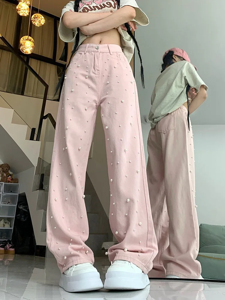 Zoki Sweet Pearl Pink Jeans Women High Waist Loose Vintage Design Denim Pants Casual Preppy Style Retro Cute Elegant Trousers
