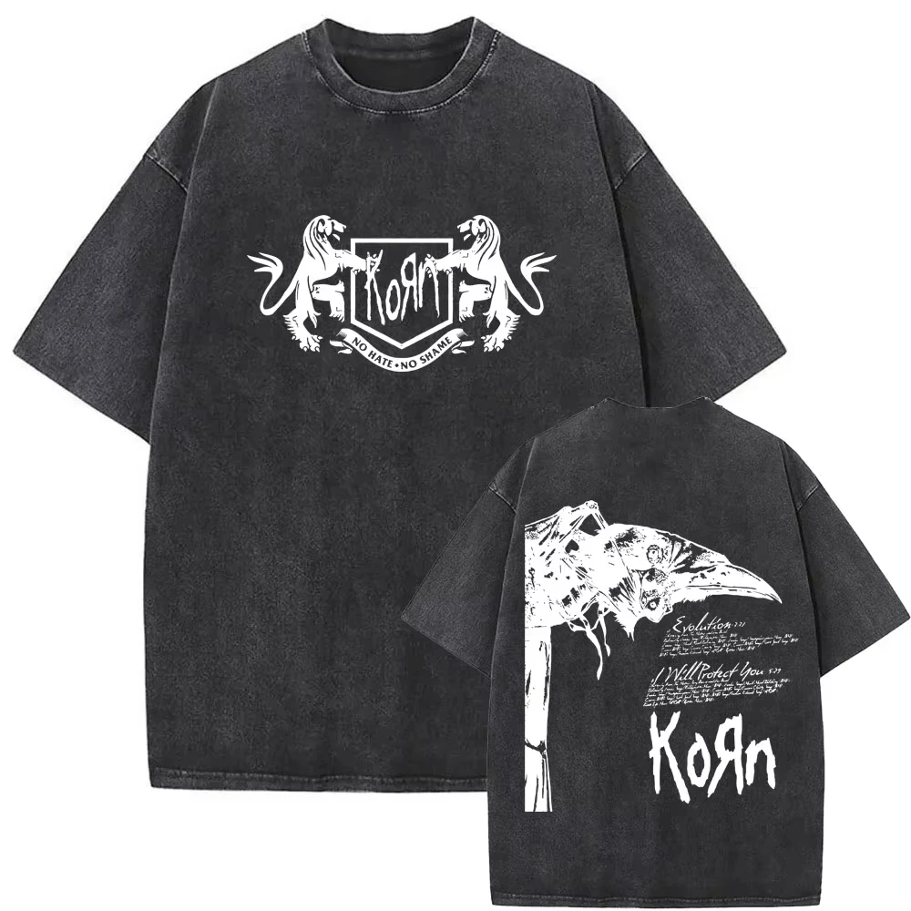 Washed Vintage Rock Band Korn Metal Music T-shirt Serpent Skeleton Graphic T Shirts Men Hip Hop T-shirts Male Oversized Tshirt