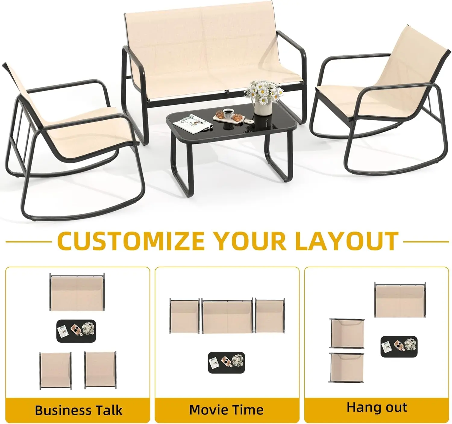 Patio Furniture Set, Outdoor Sets for Patio, Lawn, Garden, Poolside with Rocking Chair Set and Glass Coffee Table