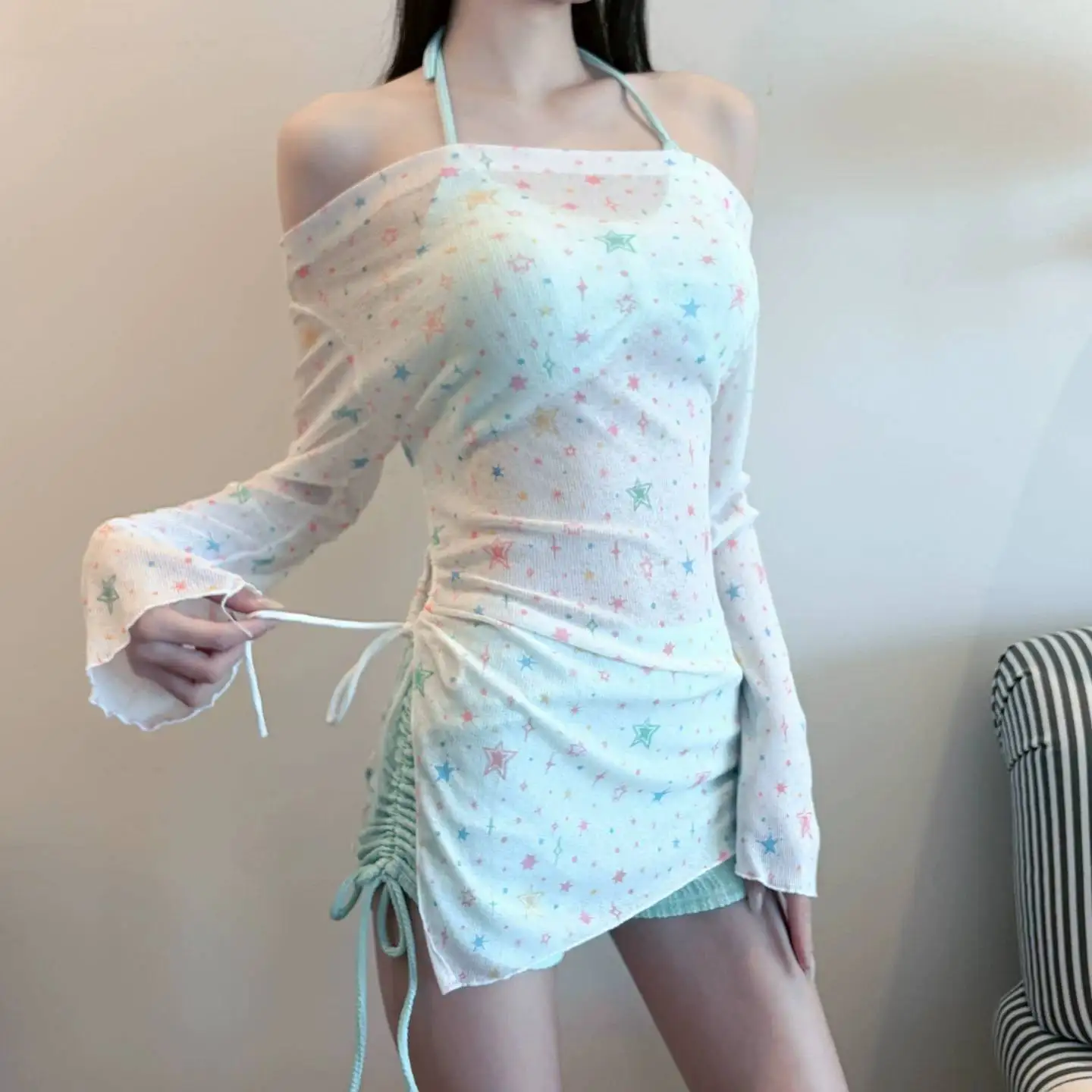 2026 New Girls' Three-Piece Swimsuit Set Long Sleeve Bikini with Cover up High-End Sun Protection Flat Angle Swimming Costume