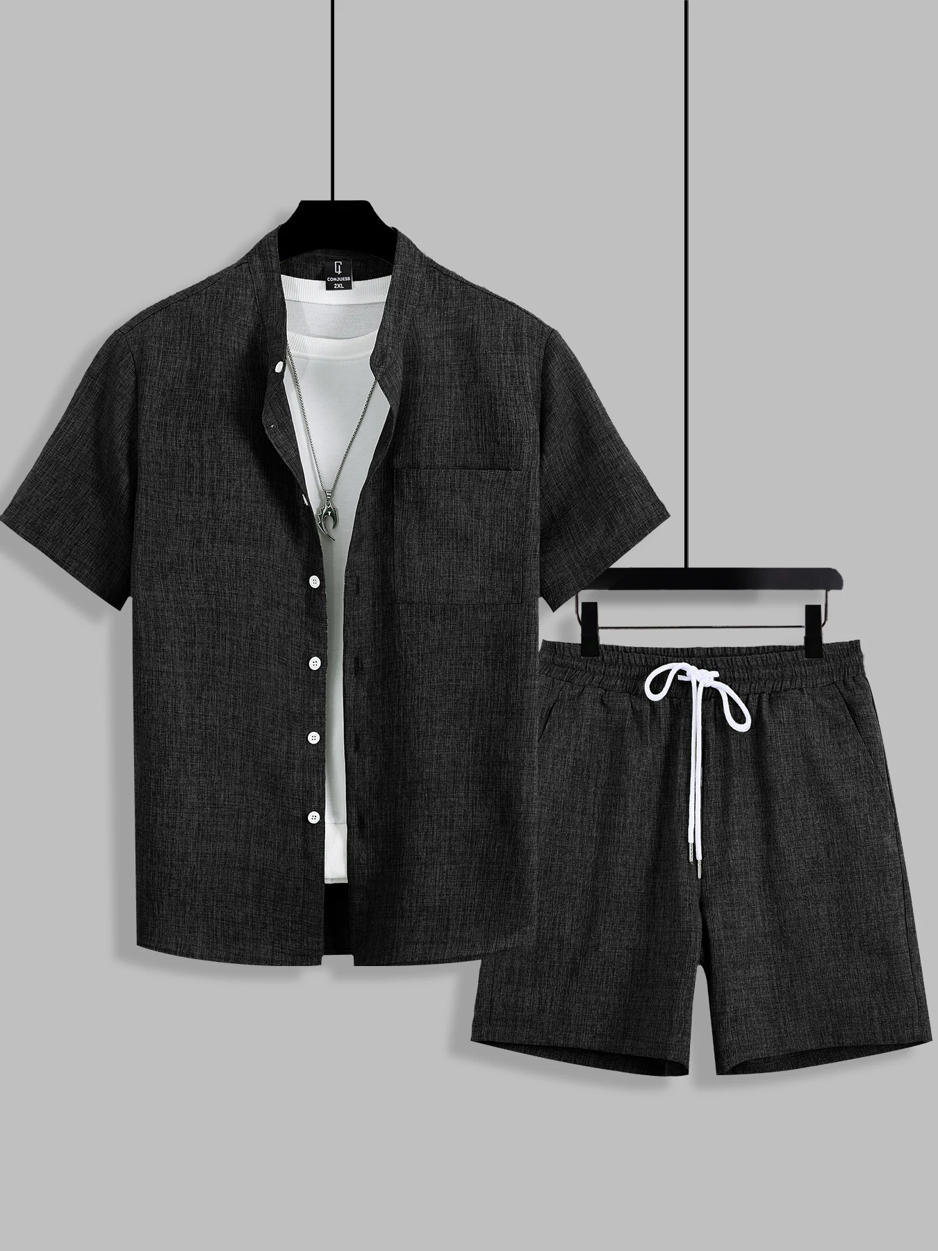 

Summer Men's Cotton Linen Texture Stand Collar Short Sleeve Shirt & Shorts Set, Loose Comfortable Breathable Daily Casual Two-Pi