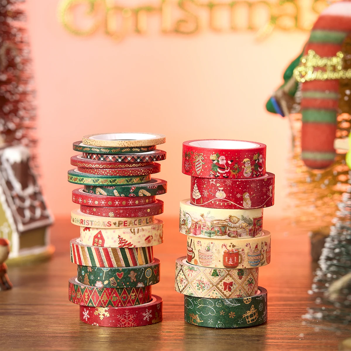 21 Rolls/Box of Christmas Gold Foil Pattern Washi Paper Tape, Suitable for Party DIY Gift Box Decoration Materials, Popular