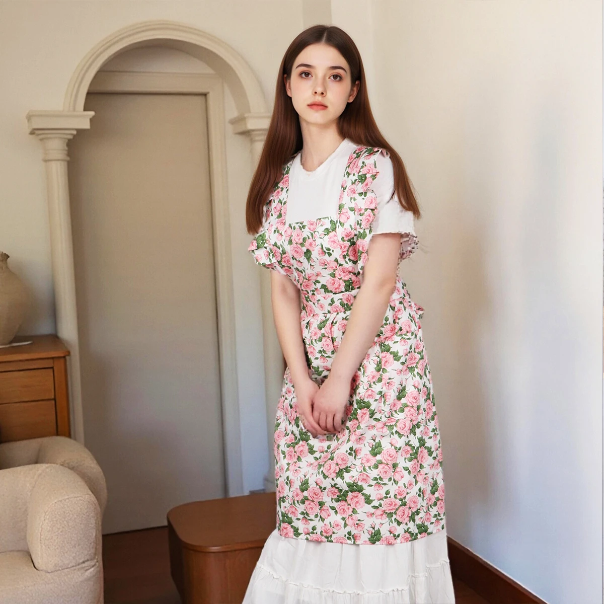 

Тонкий хлопковый фартук с принтом и рюшами по краям с перекрестными ремешками для женского цветочного магазина и рабочей одежды для маникюрного салона
