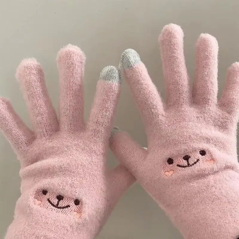 Stilvolle, dicke Winterhandschuhe für Damen aus Polyester, mit Fleece-Futter, gestrickt, mit separaten Fingern und Touchscreen-Kompatibilität. – Detail 1