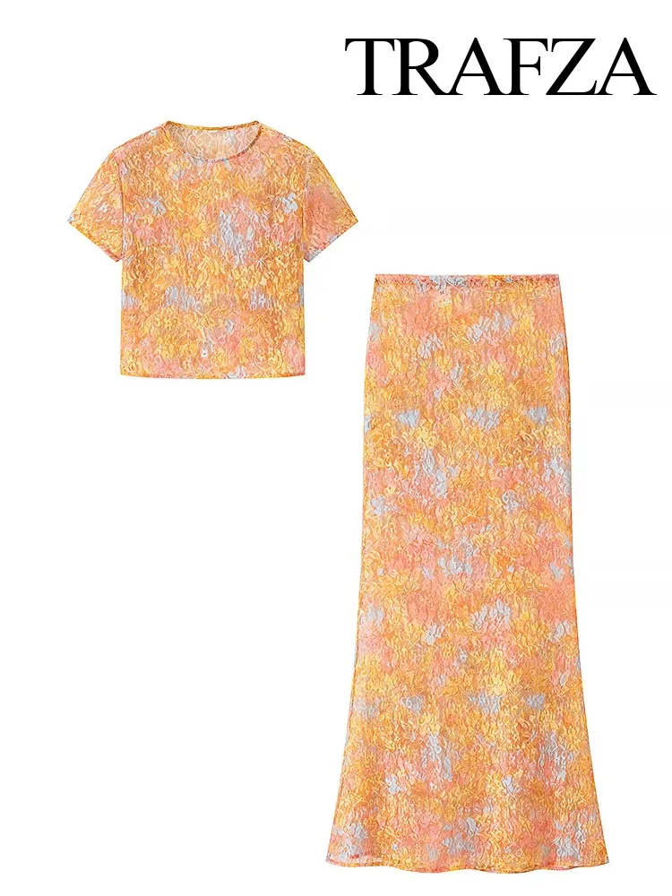 

TRAFZA Women Translucent Print Short Sleeve Elasticity Hollow Top+Elastic Waist Slim Elegant Long Skirt Summer 2-Piece Set