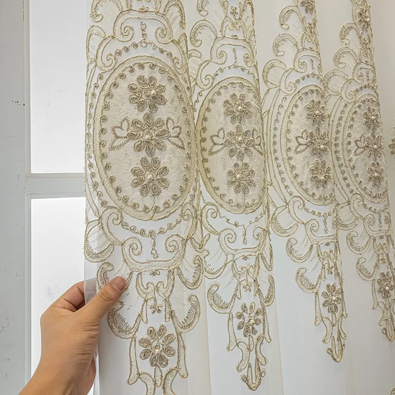 Luxury European Embroidered Double Layer Curtain Gold Floral Sheer & White Cloth Light Filtering for Living Room Bedroom