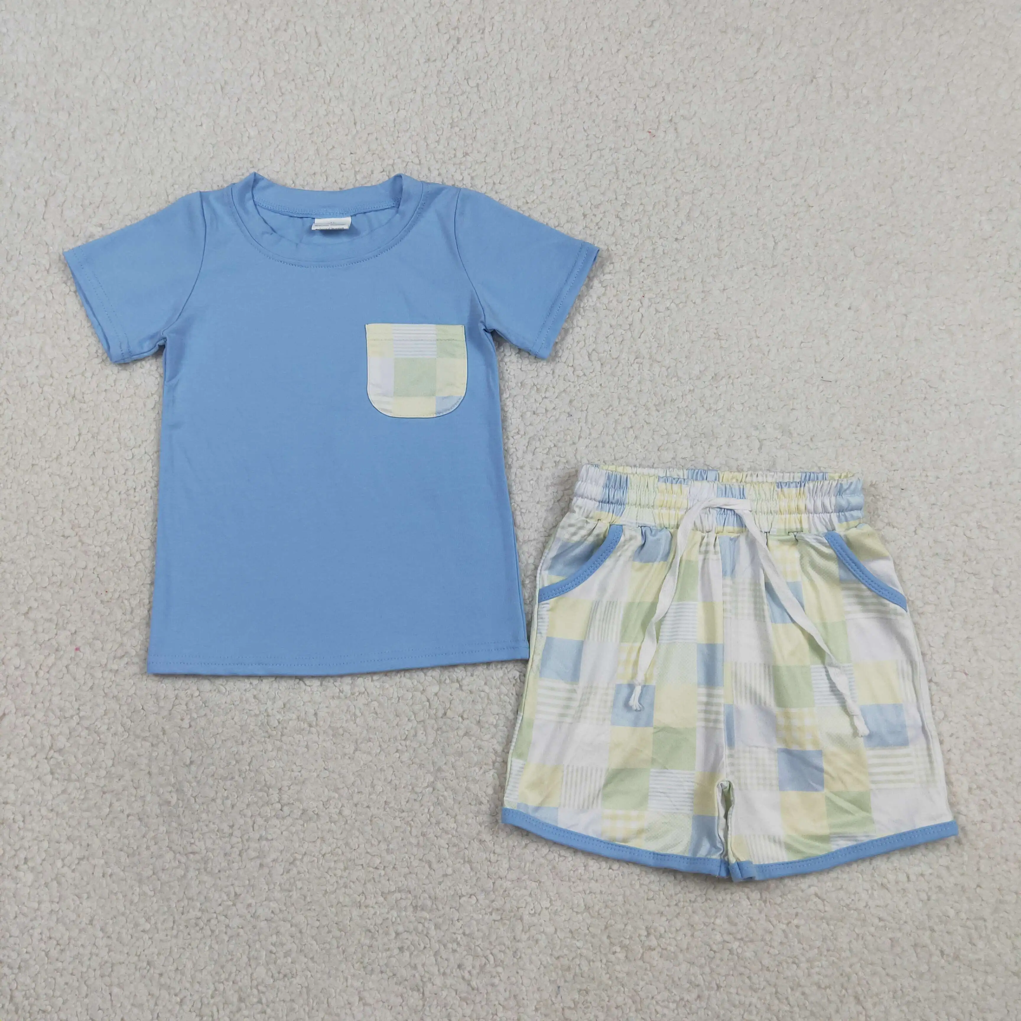 conjunto-de-verao-para-meninos-camisa-de-manga-curta-azul-calcas-xadrez-com-bolsos-para-criancas-roupa-para-meninos