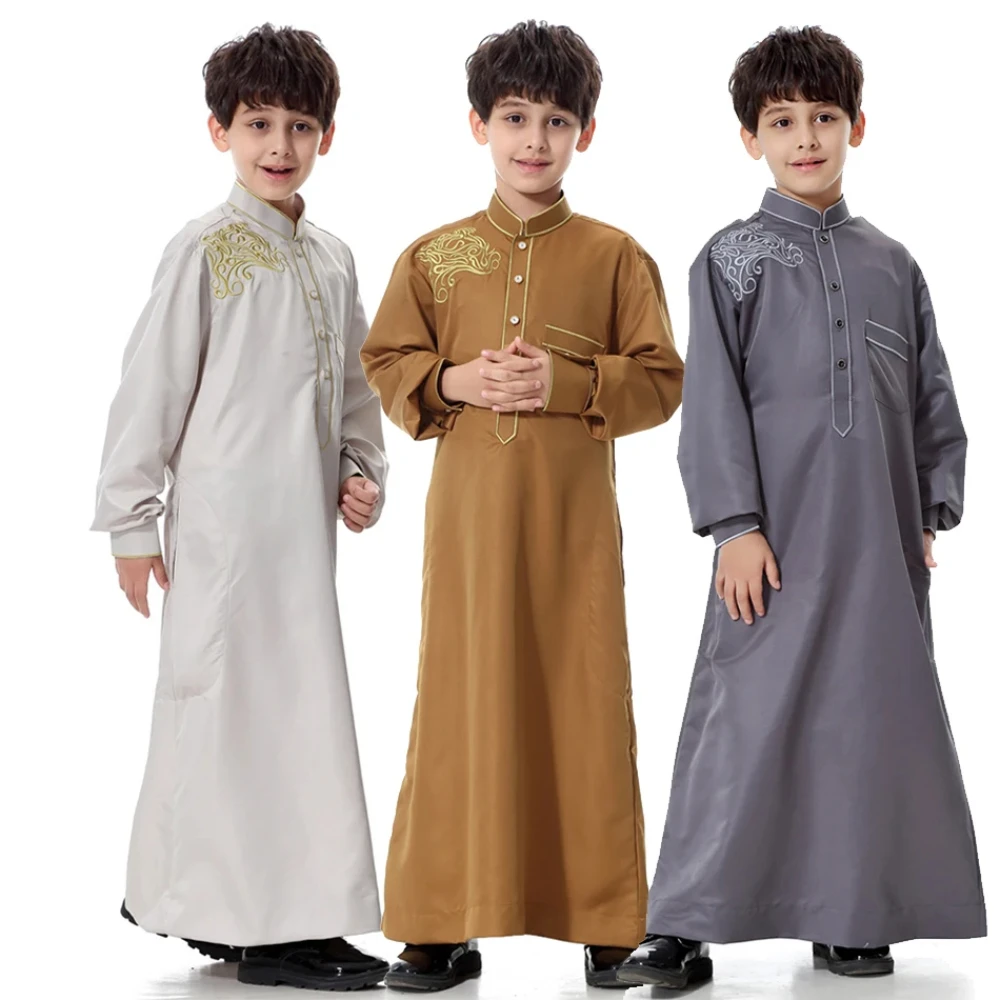 Ramadan Moslim Kinderen Effen Gewaad Luxe Borduren Islamitische Arabische Jongens Abaya Single-Breasted Lange Mouw Jurk Dubai Jubba Thobe