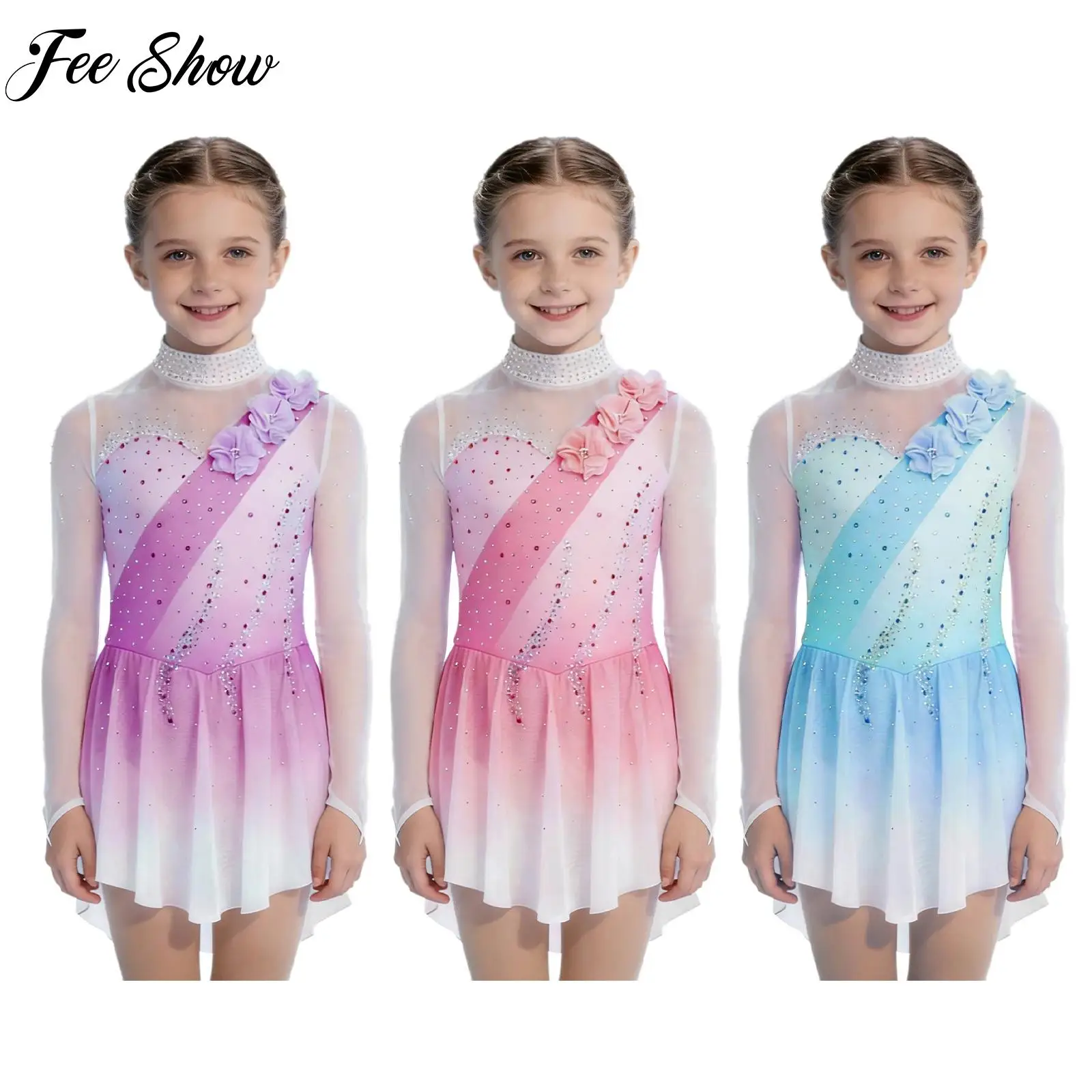 

Kids Girl Modern Lyrical Dance Dress Long Sleeves 3D Flowers Shiny Rhinestones Dress for Ballet Dance Figure Skating Performance