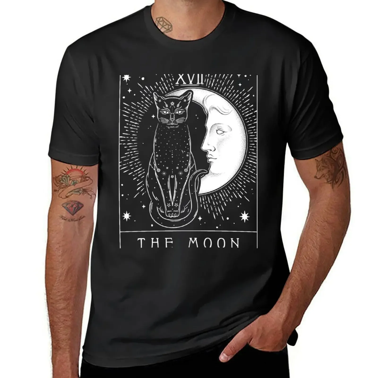 Tarot Card Crescent Moon And Cat Graphic Long Sleeve T-Shirt customizeds men t shirt