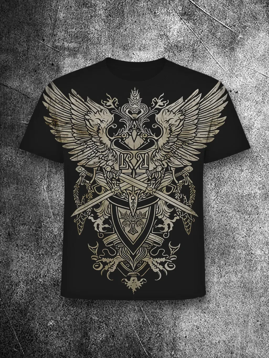 Medieval Knight Style Retro T-shirt with Winged Shield and Sword Emblem Print Knight Style T-shirt