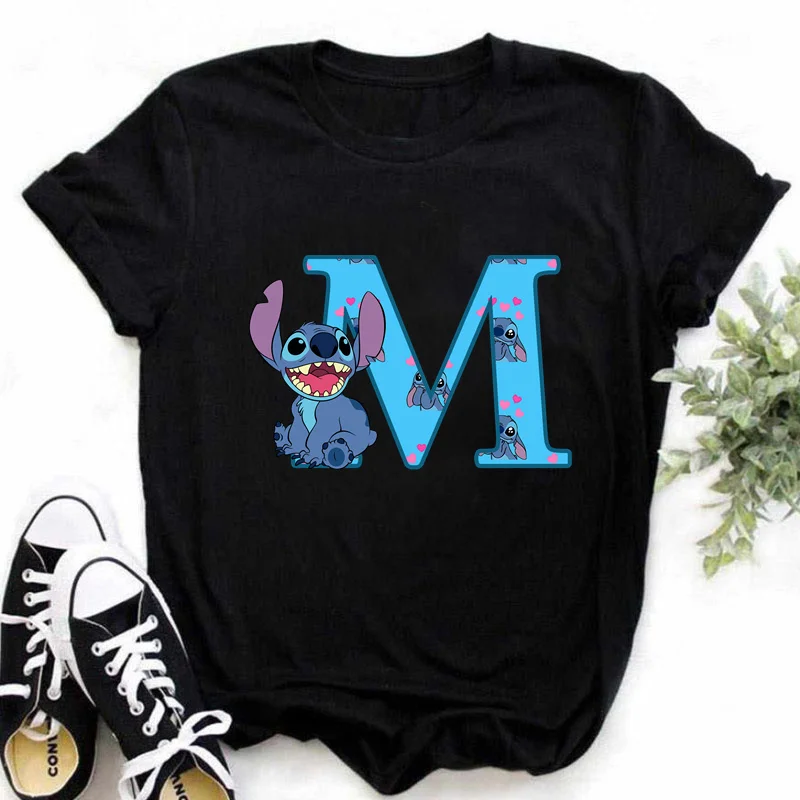 Disney-Camiseta de Lilo & Stitch A-Z para mujer, ropa de manga corta con letras en inglés, informal, de dibujos animados