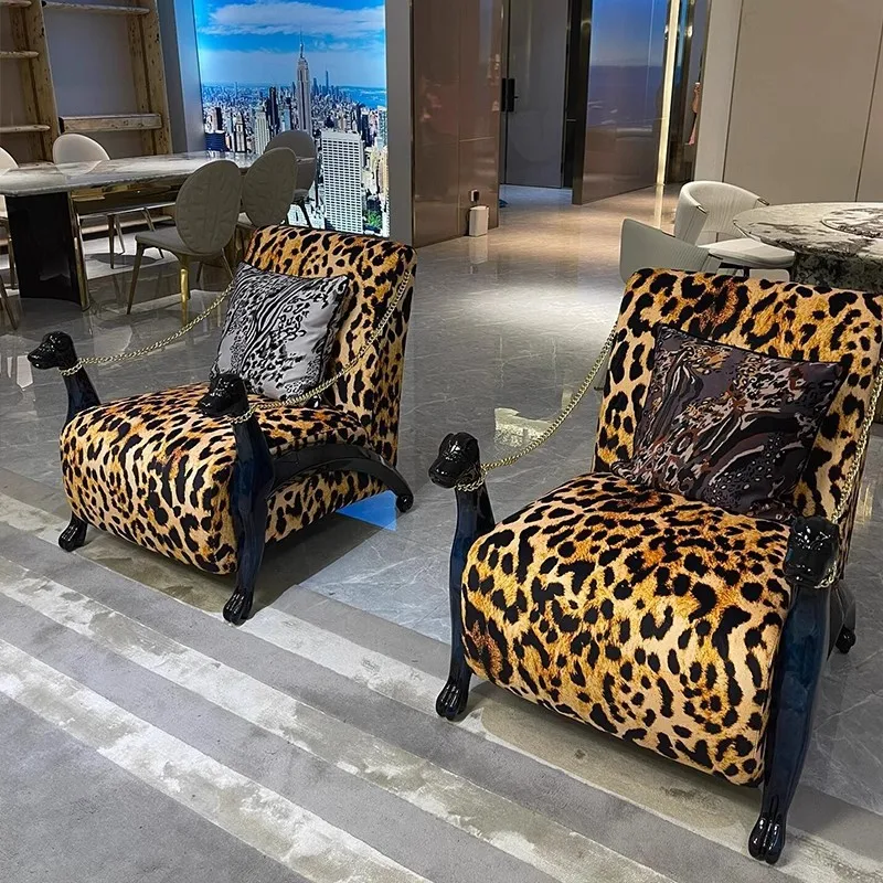 Italian light luxury leopard print single leisure  dog head  pure copper snake head  villa living room sofa chair