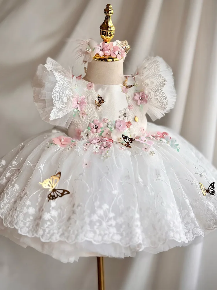 

Baby birthday Party Ball Flower Girl Feather Pearl Butterfly Flower Wedding tulle Lace Dresses Children's Princess Tutu Dress