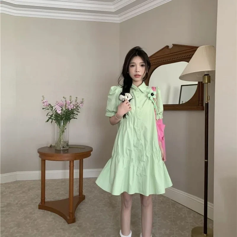 Robe chemise ample à col Polo pour femmes, nouvelle collection été, manches courtes, couleur unie, jupe trapèze décontractée, mode tempérament, vêtements pour femmes