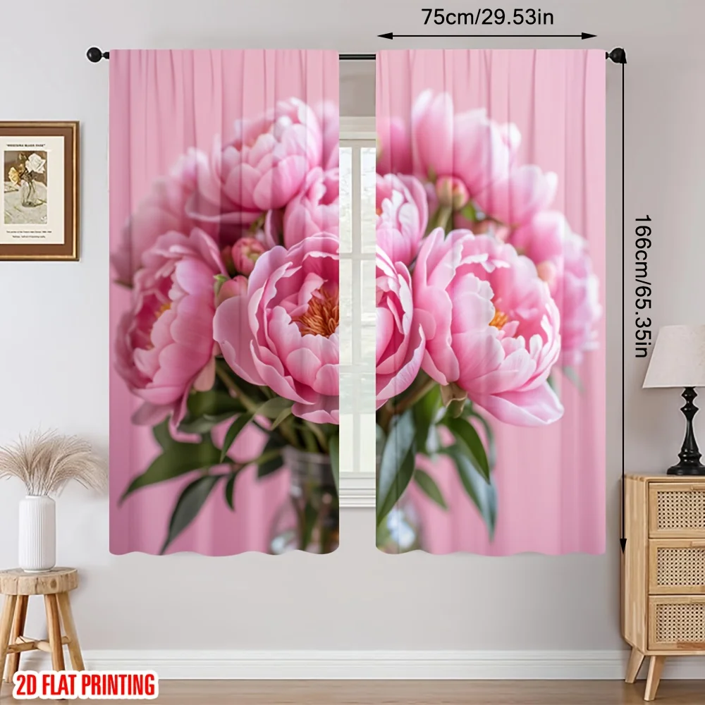 Soft Pastel Pink Peony Window Curtains 2 Panels Pink Background Floral Vase Light Blocking Drapes Sweet Balcony Rest Room Decor