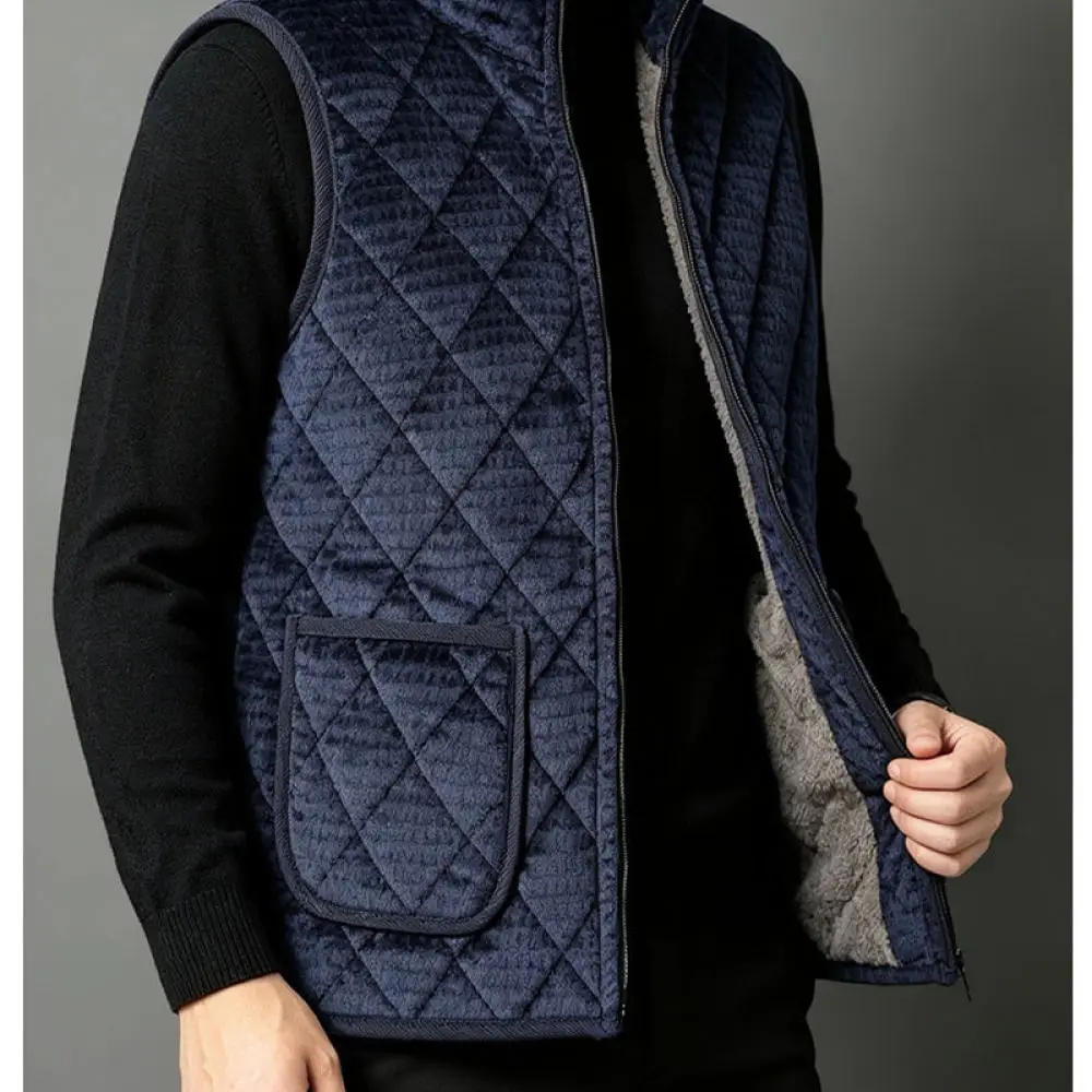 Winter Mens Corduroy Vest Thickened Lambswool Lined Thermal Waistcoat Vintage Diamond Pattern Sleeveless Jacket Casual Outerwear