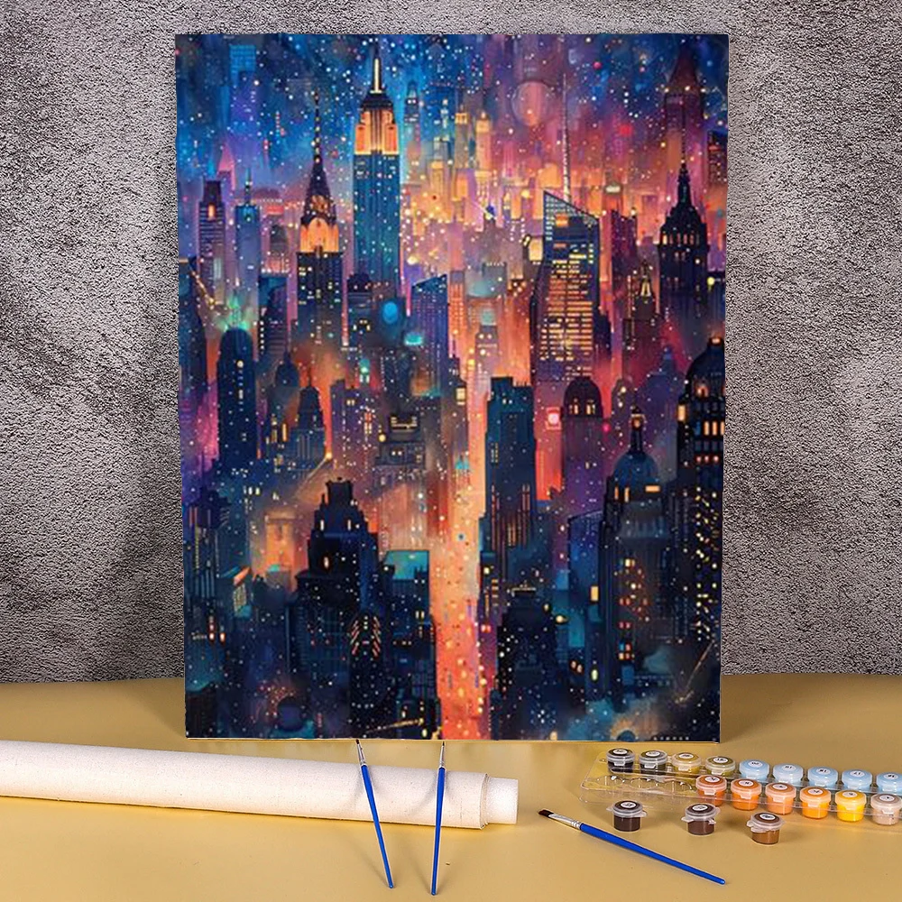 Imagem Pintura a Óleo por Numbers, Noite Cidade Edifício Paisagem, DIY Colorir Acrílico Handpainted, Canvas Cenário, Home Decor