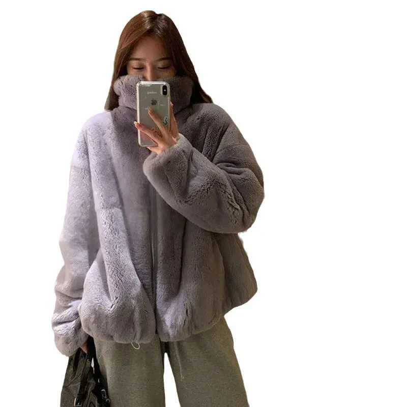 Korean Version with Thick Cotton and Medium To Long Stand Up Collar, Loose Fit, Internet Famous  Student Fashion Furry Fur Coat