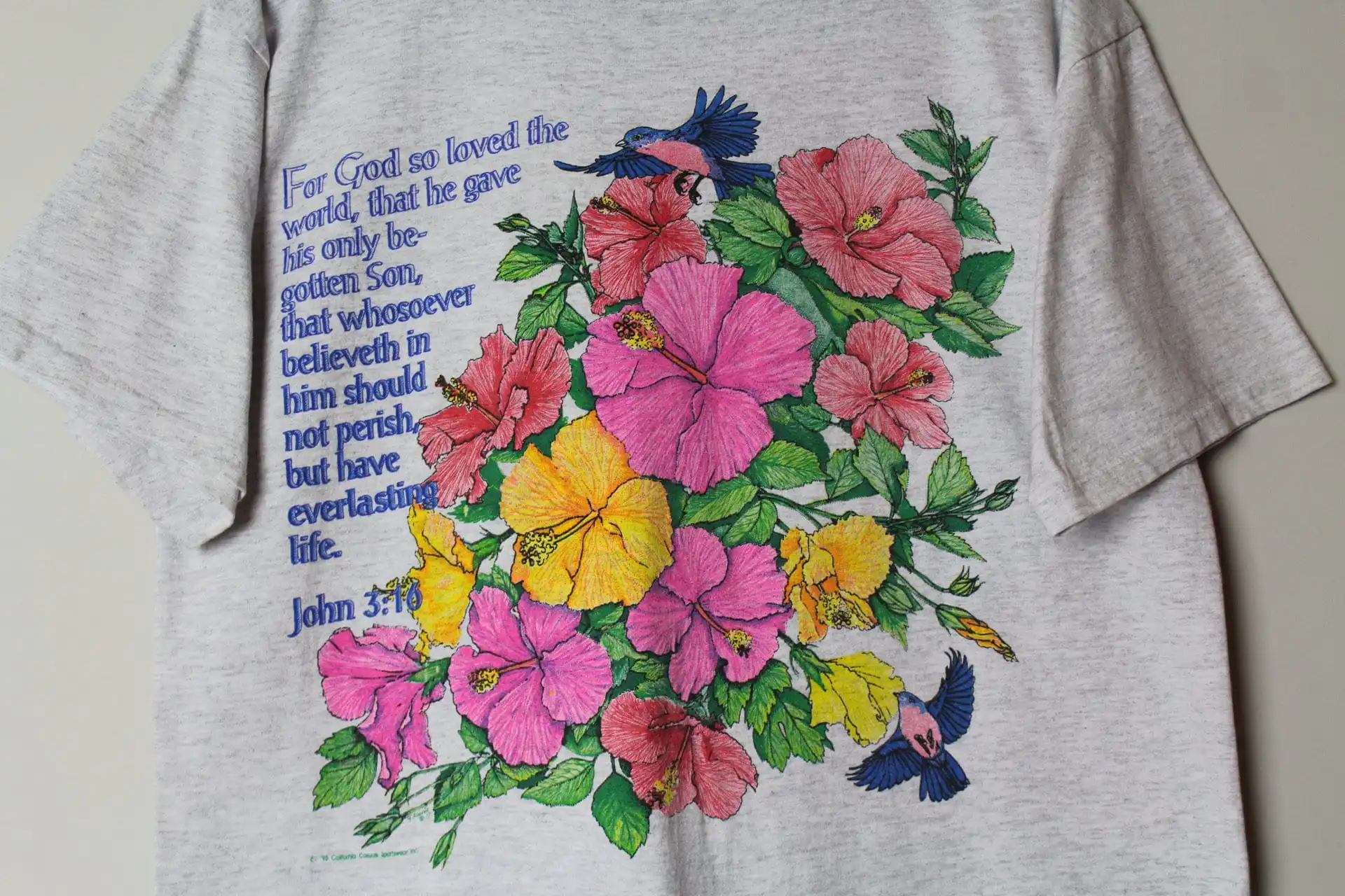 1993 Vintage John 3 16 For God So Loved The World That He Gave His Only Begotten Son Floral Hummingbird T Shirt