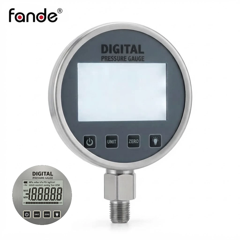 Fande 5 Digit Digital Pressure Meter G1/4 -0.1 to 100MPa 0.2%FS 0.5%FS USB or AA Battery Backlight Pressure Gauge