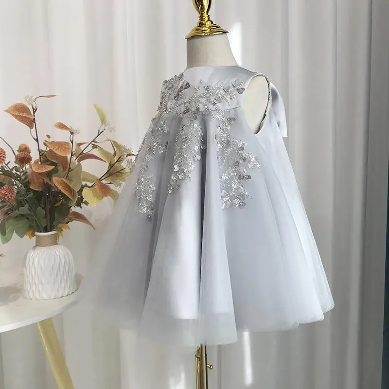 Baby Girls Champagne Beaded Empire Flower Girl Dress for Wedding Gray Tulle 1st Birthday Ceremonial Bow Gown for Toddler Kids