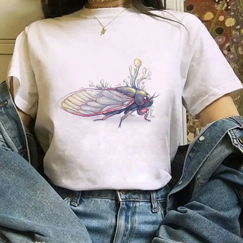 Women O Neck T Shirt Cute Green Cicada Insect Print Short Sleeve Casual Ladies Summer Nature Fashion Tees Tops Women Clothing