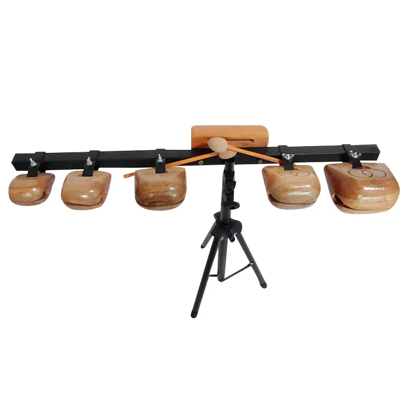 Wooden 5-Tone Temple Block, Traditional Chinese Opera Instrument, Single Tone Woodfish with Stand, Folk Musical Percussion