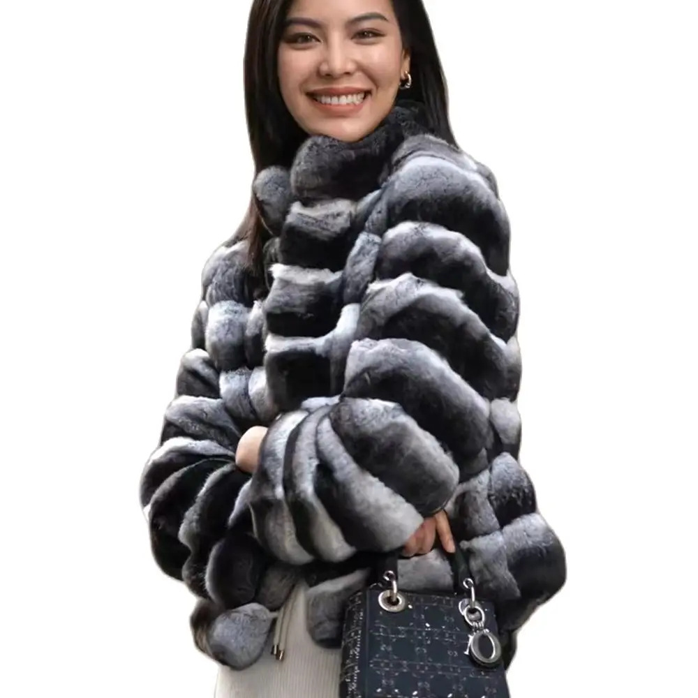 2024 New women's Chinchilla striped jacket Real Rex Rabbit fur fur all-in-one fur coat coat length 60cm package mail winter thic