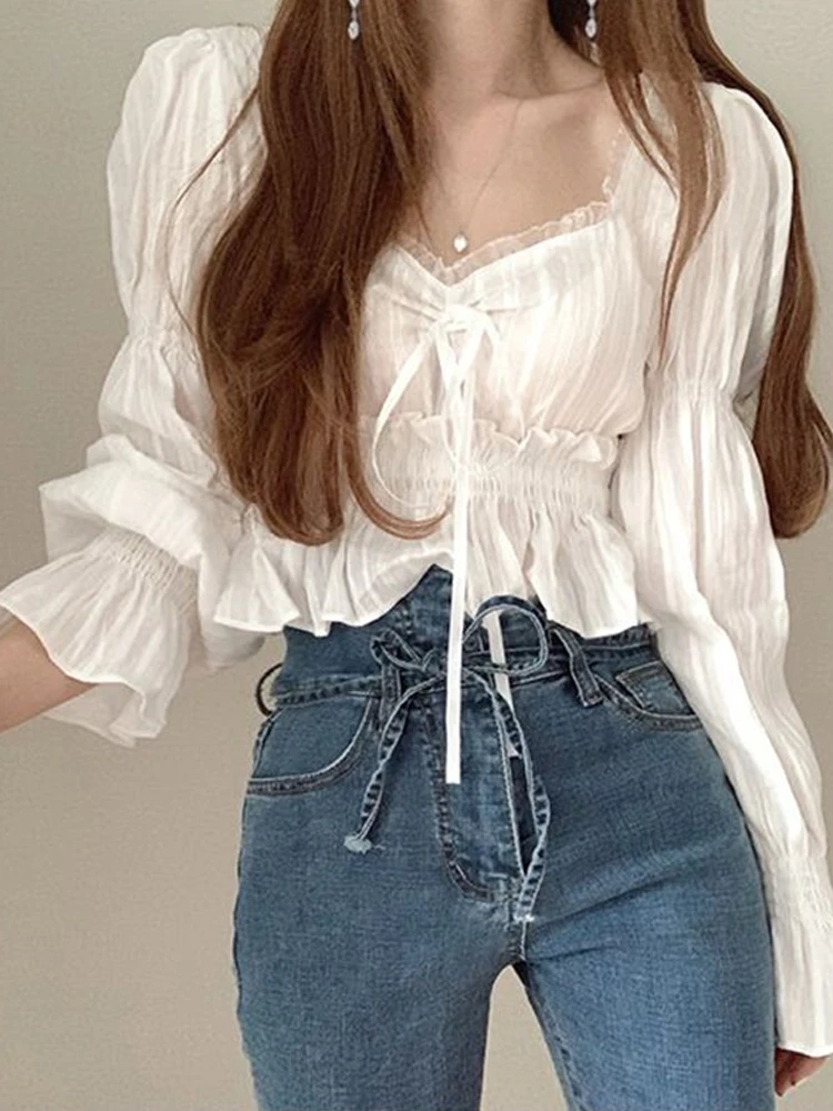 Csa de mujer de rets de encaje con diseño coreano, manga corta y larga, estilo informal, Color puro, moda para ir al tr...