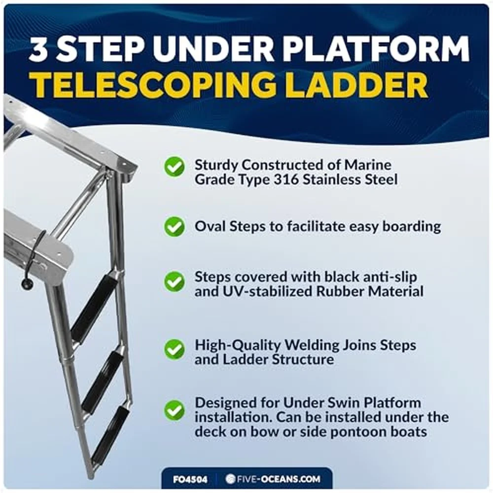 3 Step Marine Slide Mount Telescoping Ladder Stainless Steel with Rubber Grips Pontoon Fishing Bass Sport Boats