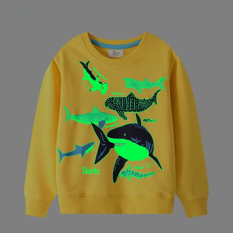 New Boys' Pullover Night Glow Shark Dinosaur Pattern Fashion Children's Round Neck Spring and Autumn Sweater Top Sweatshirt