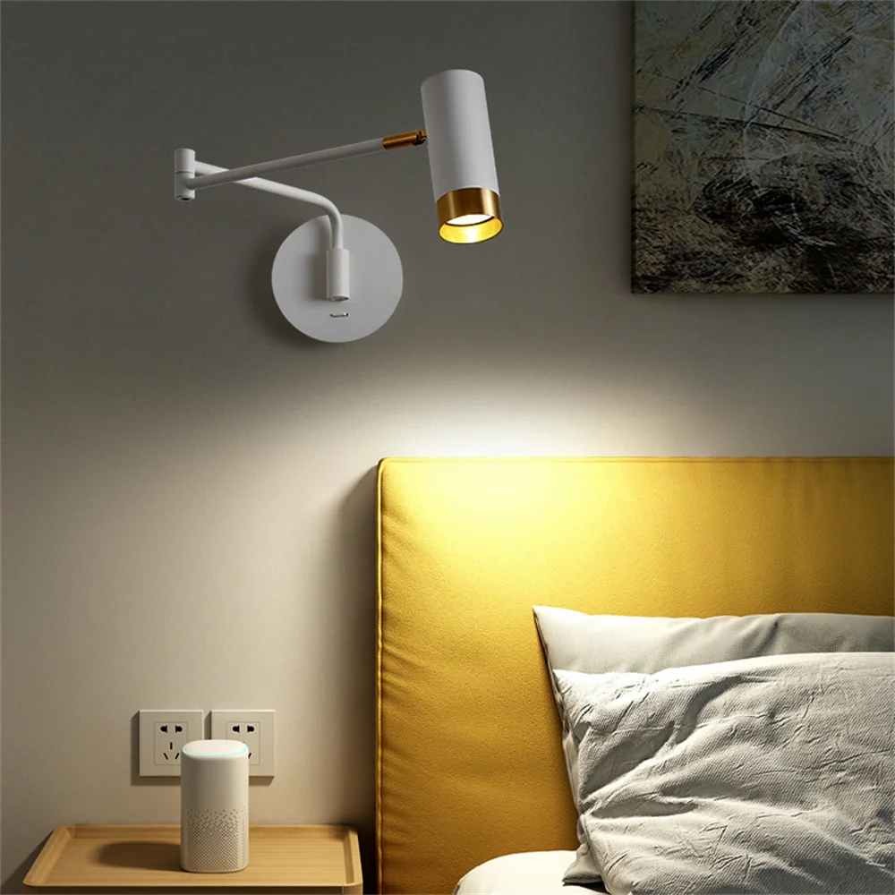 Modern Long Swing Arm Swivel LED Wall Light With Switch Bedside Rotary Lamp Indoor Home Decoration Flexible Reading Sconces