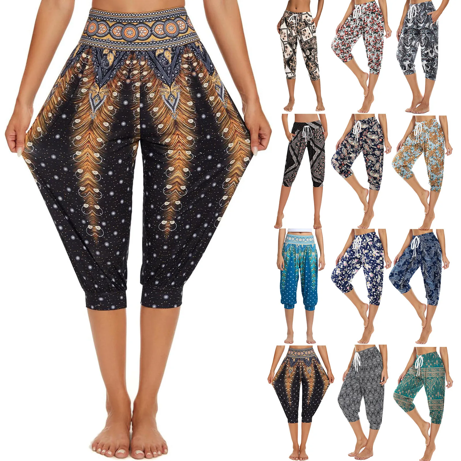 Women's Summer Loose Capri Pants Retro Printed Casual Sports Pants Yoga Pants Loose Breathable Jogging Pants with Pockets