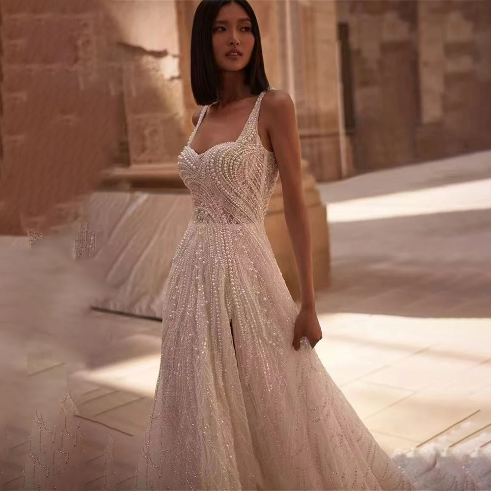 

2025 New Elegant Wedding Dress Bride Gown Sweetheart Neck Beaded A-Line Side Slit Formal Wedding Gowns for Bridal Customized