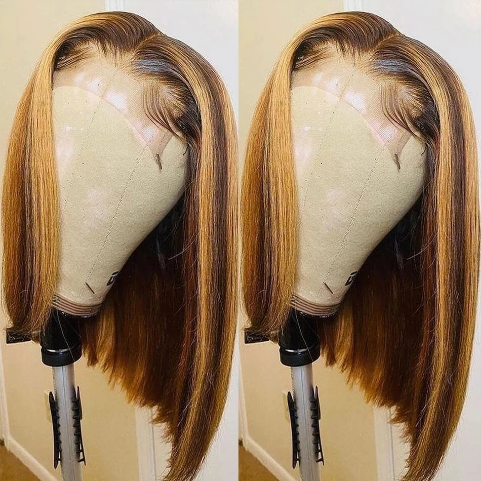 100% Human Hair Highlight Bob Wig Human Hair Straight 13x4 HD Transparent Lace Front Wigs 4/27 Colored Short Bob Wigs For Women
