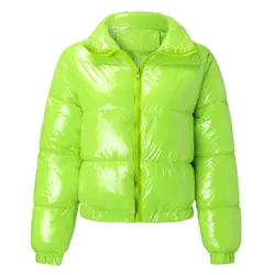 Chaqueta acolchada de manga larga para mujer, abrigo cálido con cuello levantado, ajustado, color blanco, caqui, amarillo, rojo, morado y verde, invierno, 2024