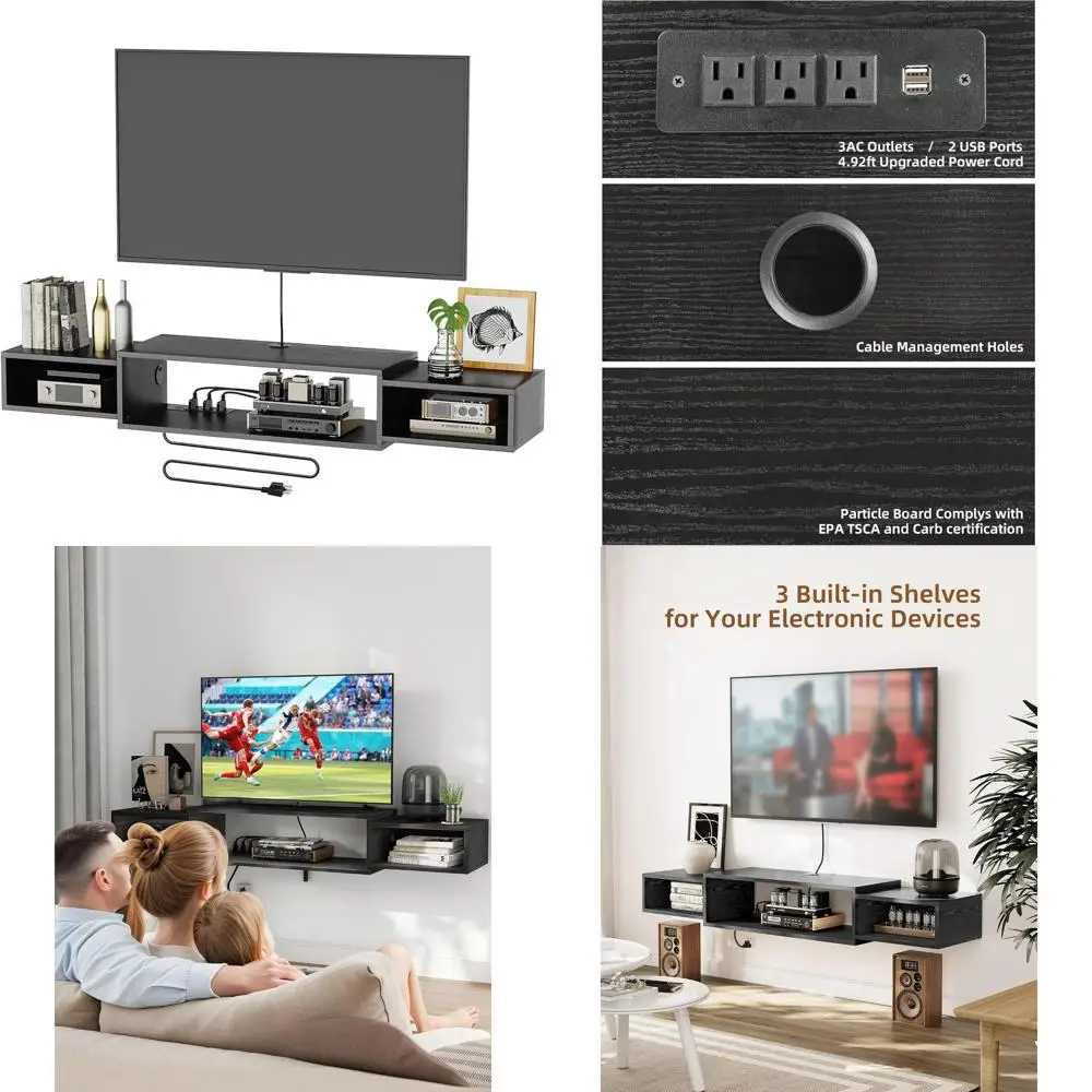 

55 Wall-Mounted TV Stand with Power Outlet, Modern Media Console Shelf for Living and Bedroom, Storage and Cable Management in B